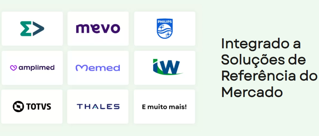 Electronic signature tool for healthcare can be integrated with the main tools on the market. The image shows the logos of mevo, amplimed, totvs and others.