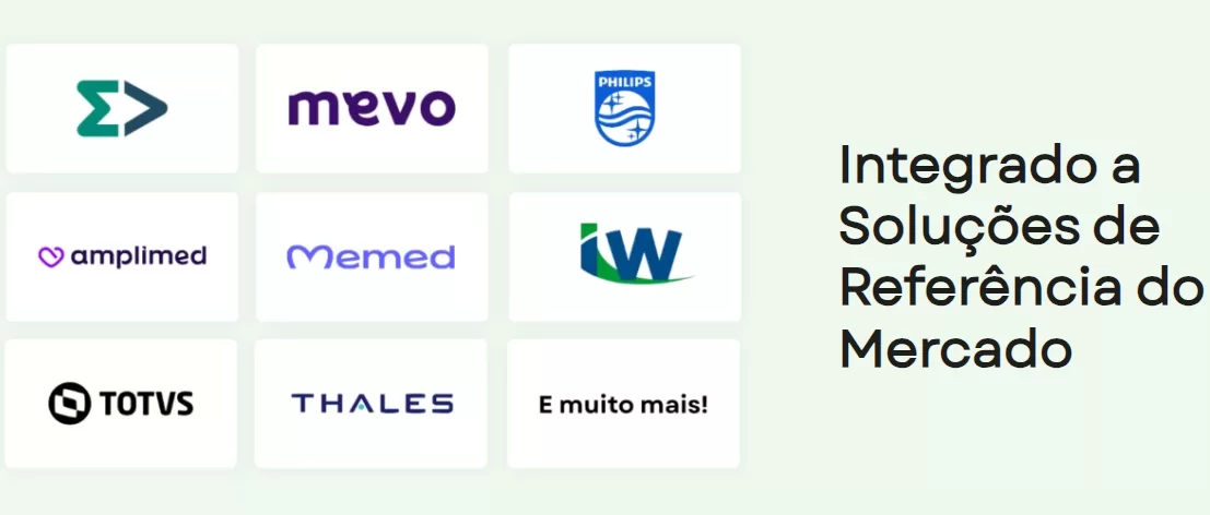 Ferramenta de assinatura eletrônica em saude pode ser integrado com as principais ferramentas do mercado. Na imagem os logos da mevo, amplimed, totvs entre outras.