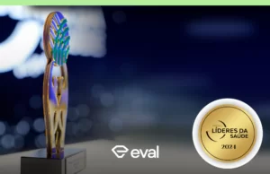 imagem do troféu concedido aos ganhadores do prêmio líderes da saúde. Eval Digital ganha em 2024 na categoria TI Sistemas Complementares com a solução de Assinatura Eletrônica.